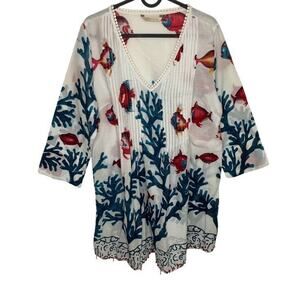 Soft Surroundings Women’s Seychelles Fish Coral White Tunic Coverup Dress Sz PM